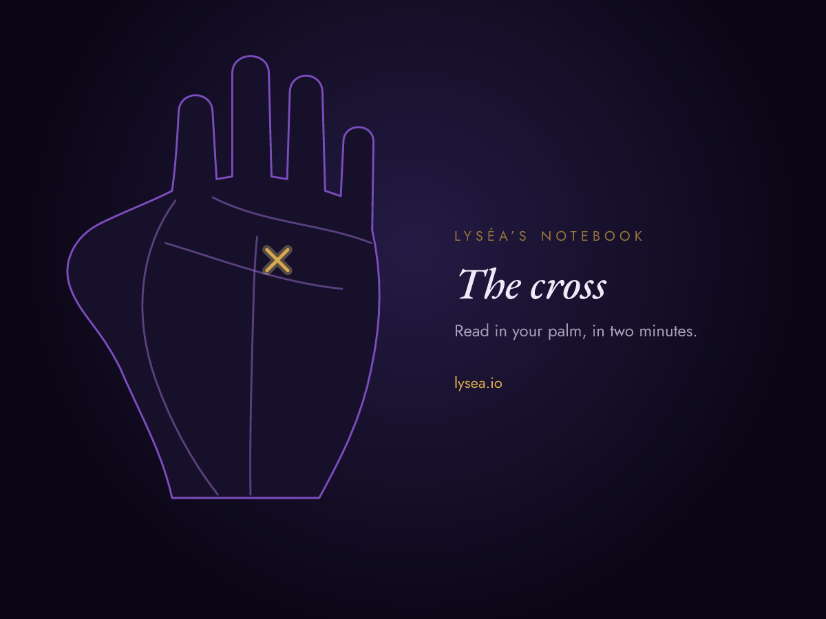 Diagram of a palm: a small cross between the heart line and the head line, highlighted in gold.