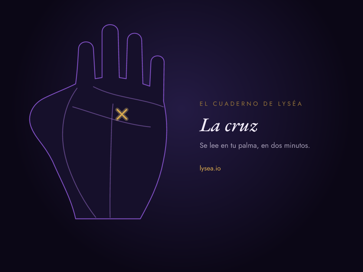 Esquema de una palma: una pequeña cruz entre la línea del corazón y la línea de la cabeza, resaltada en oro.
