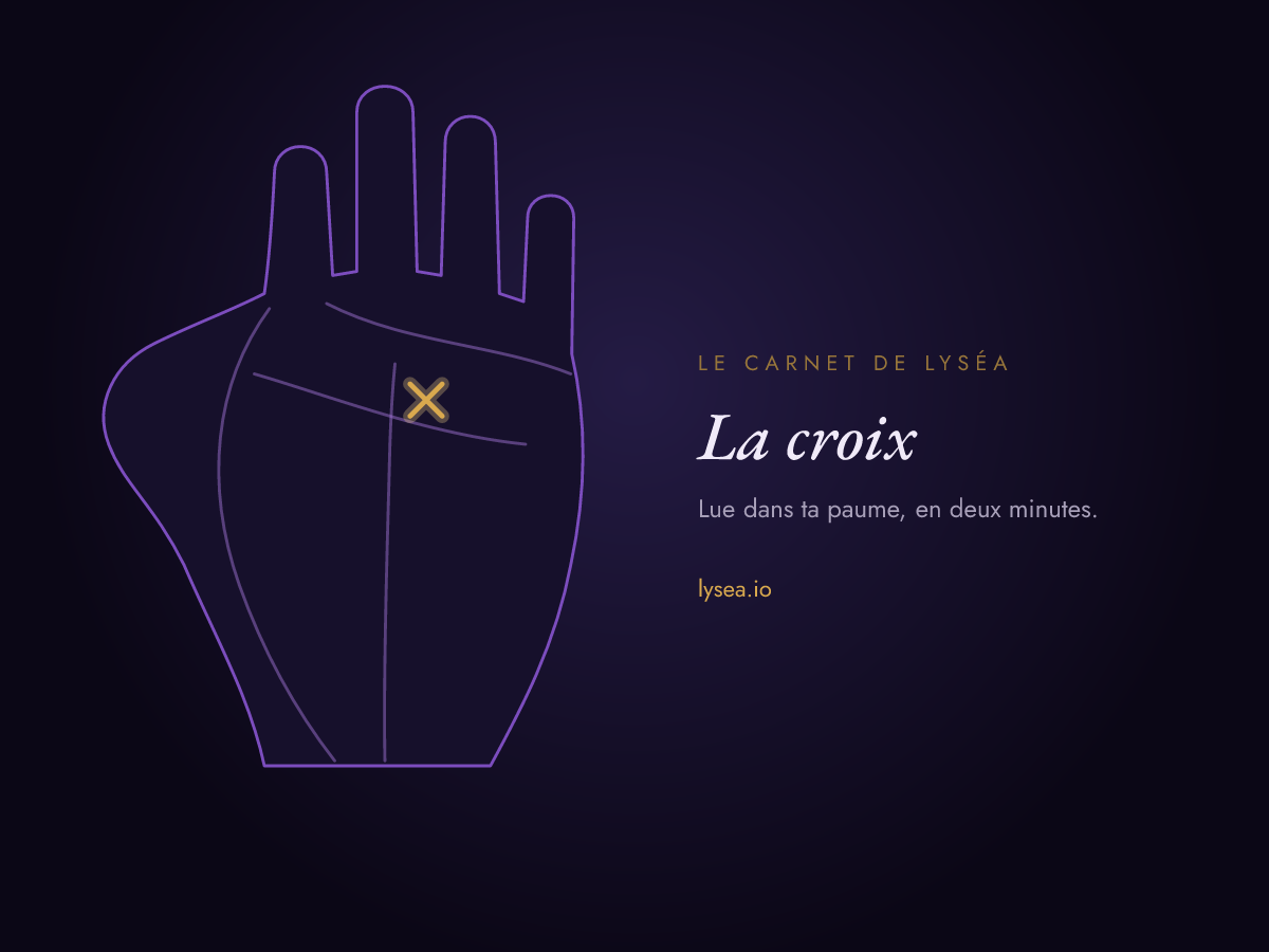 Schéma d’une paume : une petite croix entre la ligne de cœur et la ligne de tête, surlignée en or.