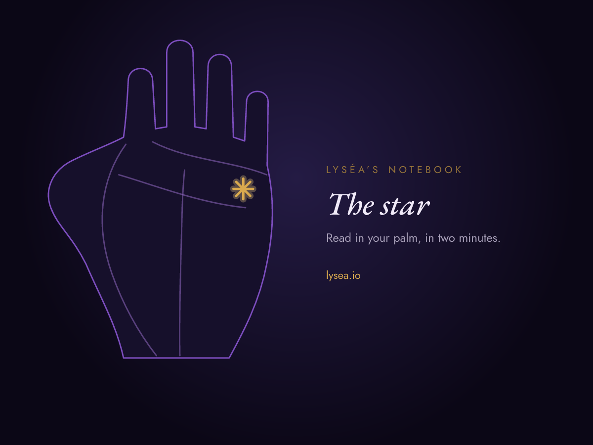 Diagram of a palm: a star, a small sign made of crossing strokes, below the ring finger, highlighted in gold.