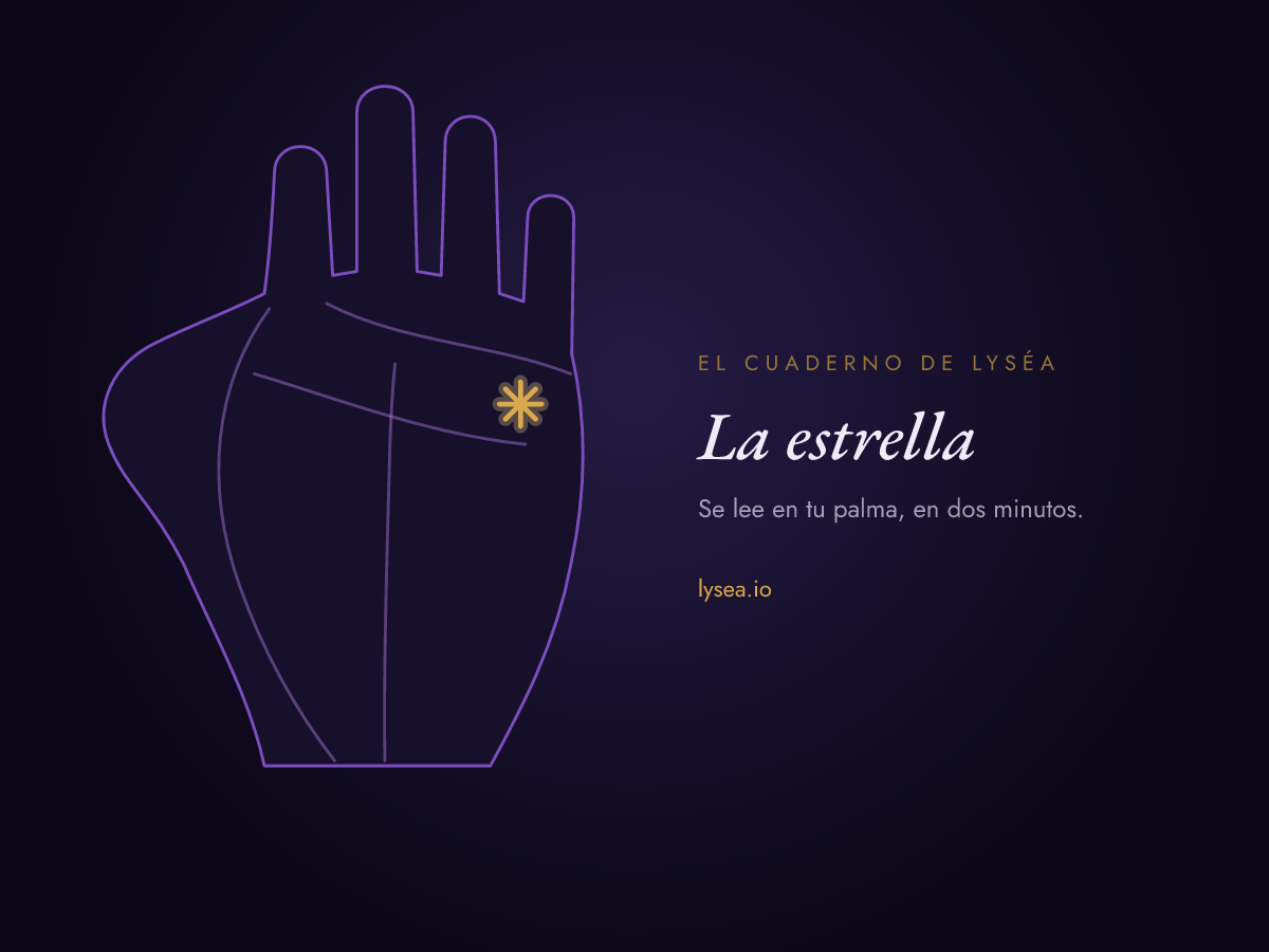 Esquema de una palma: una estrella, pequeño signo formado por trazos que se cruzan, bajo el dedo anular, resaltada en oro.