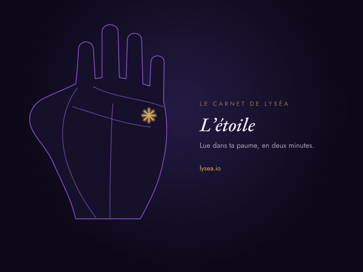 Schéma d’une paume : une étoile, petit signe formé de traits qui se croisent, sous l’annulaire, surlignée en or.