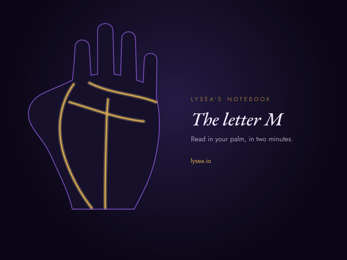 Diagram of a palm: the heart, head, life and fate lines, highlighted in gold, together draw a letter M.