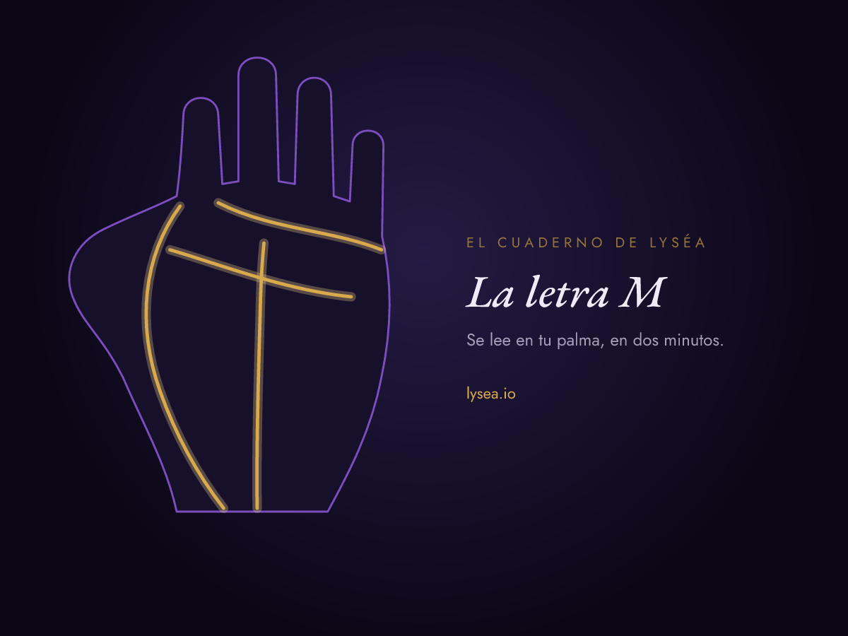 Esquema de una palma: las líneas del corazón, de la cabeza, de la vida y del destino, resaltadas en oro, dibujan juntas una letra M.