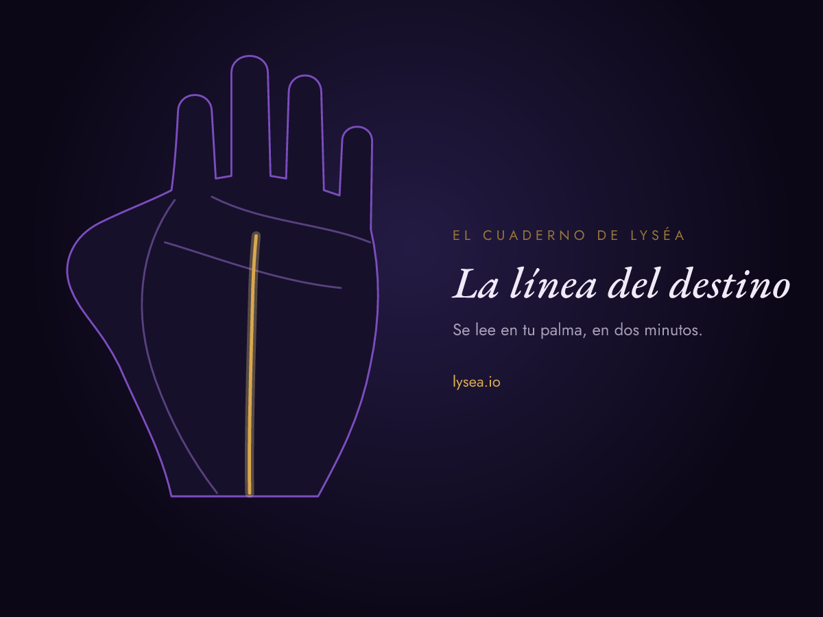 Esquema de una palma: la línea del destino, vertical en el centro de la mano hacia el dedo corazón, resaltada en oro.