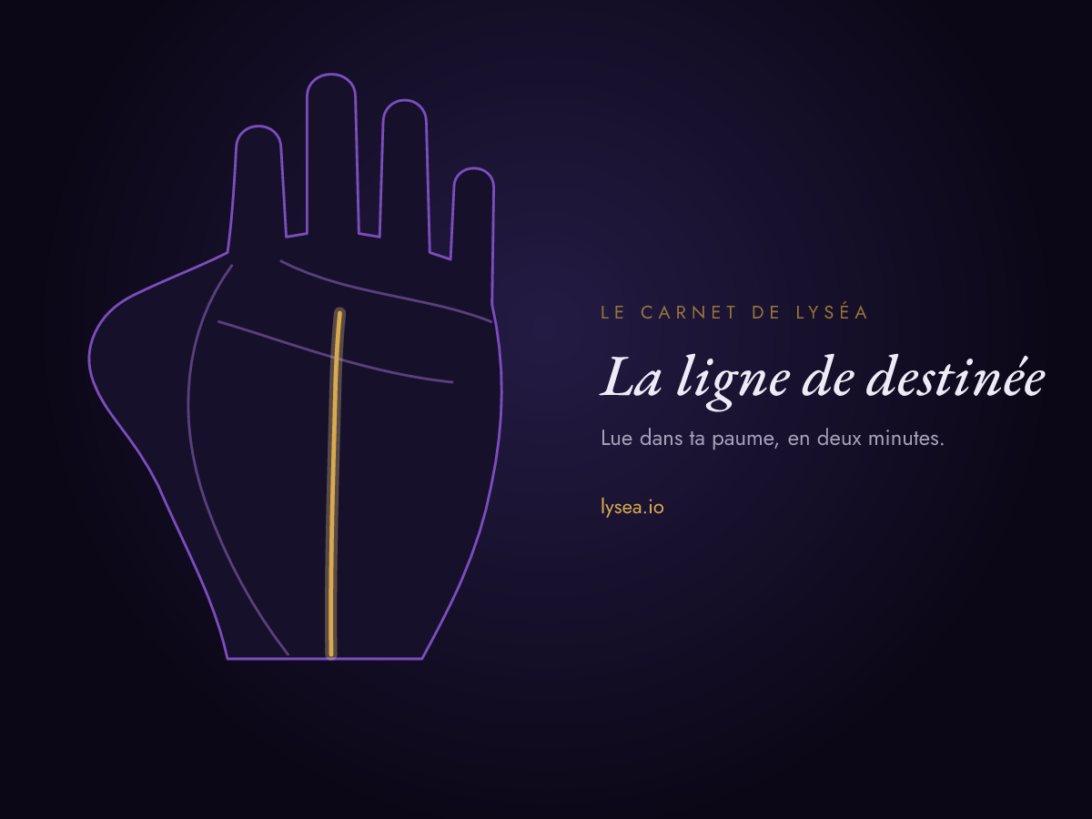 Schéma d’une paume : la ligne de destinée, verticale au centre de la main vers le majeur, surlignée en or.