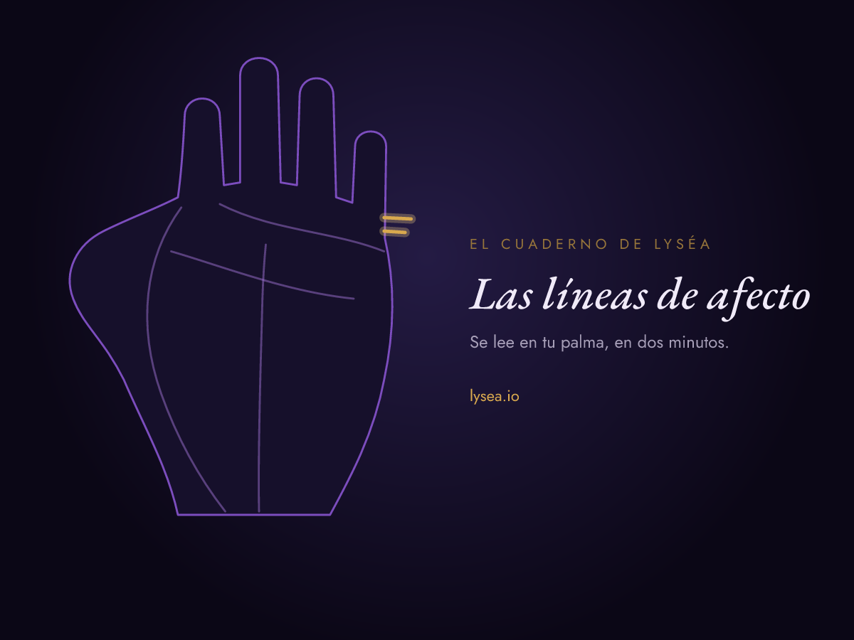 Esquema de una palma: las pequeñas líneas de afecto, llamadas líneas del matrimonio, en el canto de la mano bajo el meñique, resaltadas en oro.