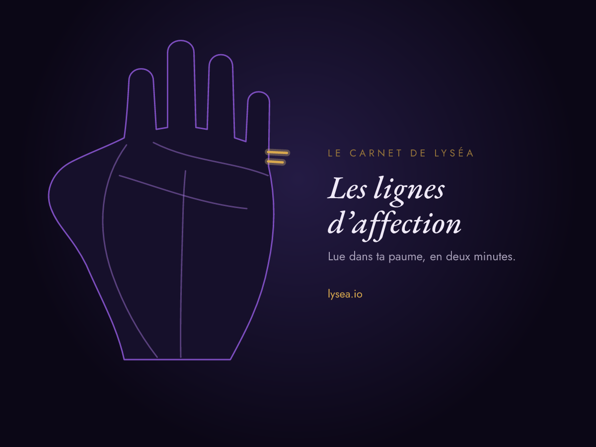 Schéma d’une paume : les petites lignes d’affection, dites lignes de mariage, sur le tranchant sous l’auriculaire, surlignées en or.