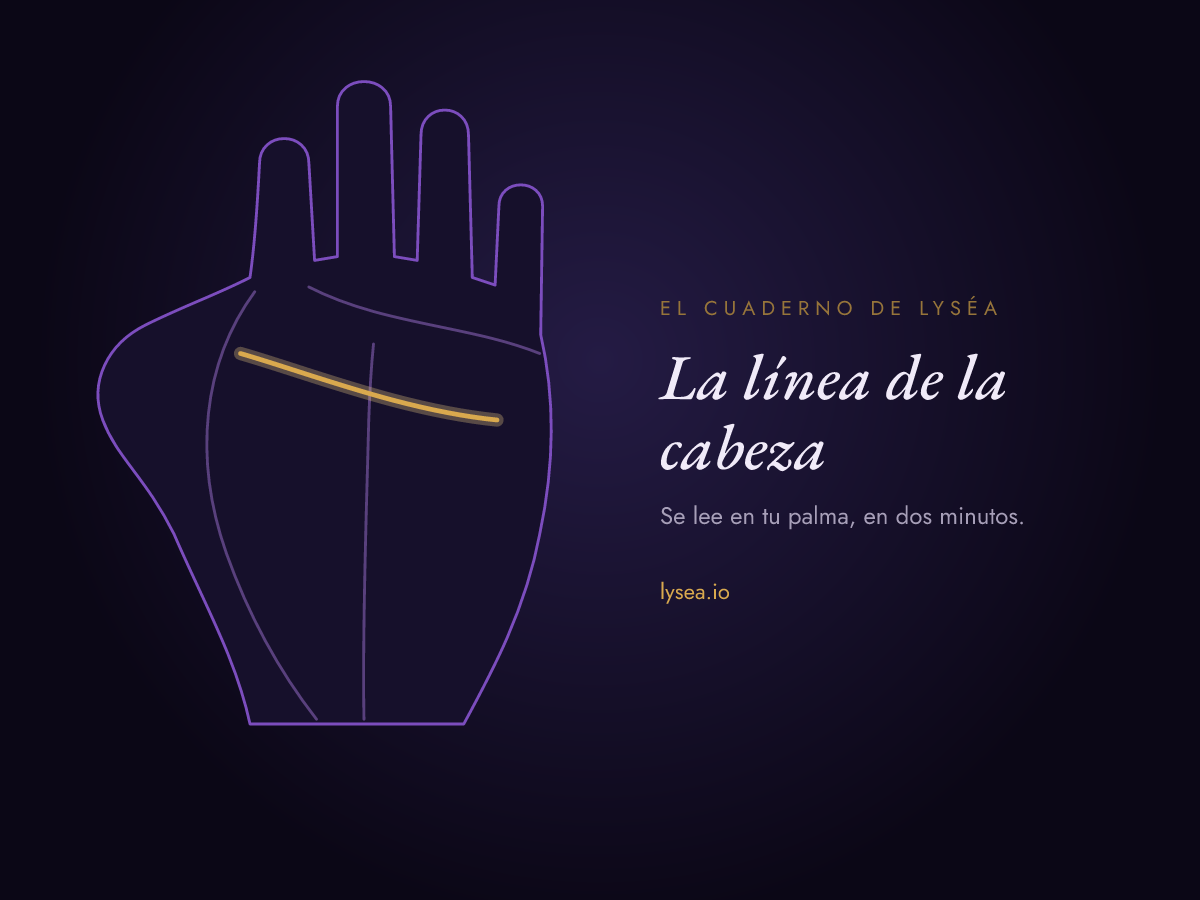 Esquema de una palma: la línea de la cabeza, que cruza el centro de la mano, resaltada en oro.