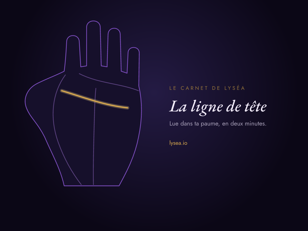 Schéma d’une paume : la ligne de tête, qui traverse le milieu de la main, surlignée en or.