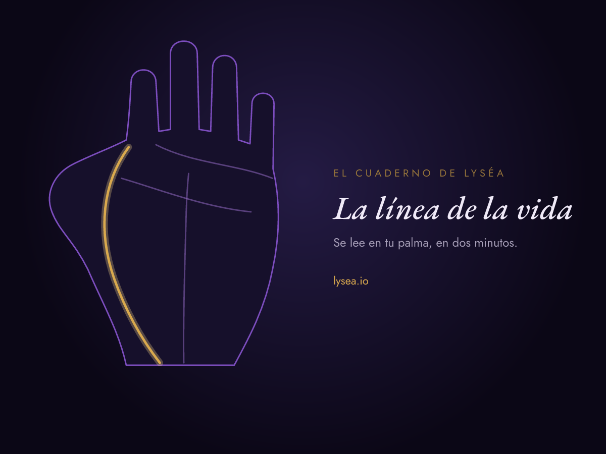 Esquema de una palma: la línea de la vida, en arco alrededor de la base del pulgar, resaltada en oro.
