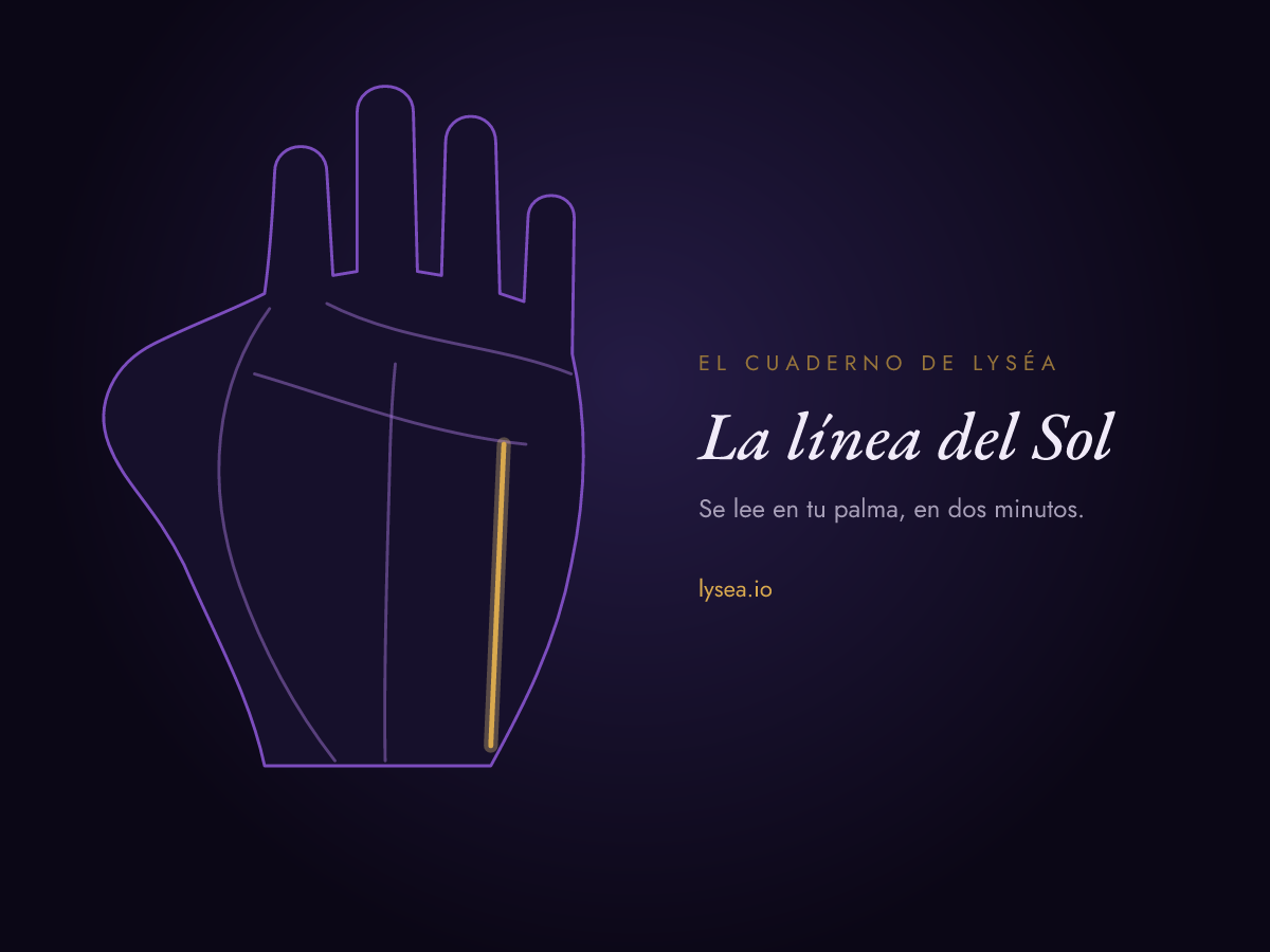Esquema de una palma: la línea del Sol, vertical bajo el dedo anular, resaltada en oro.