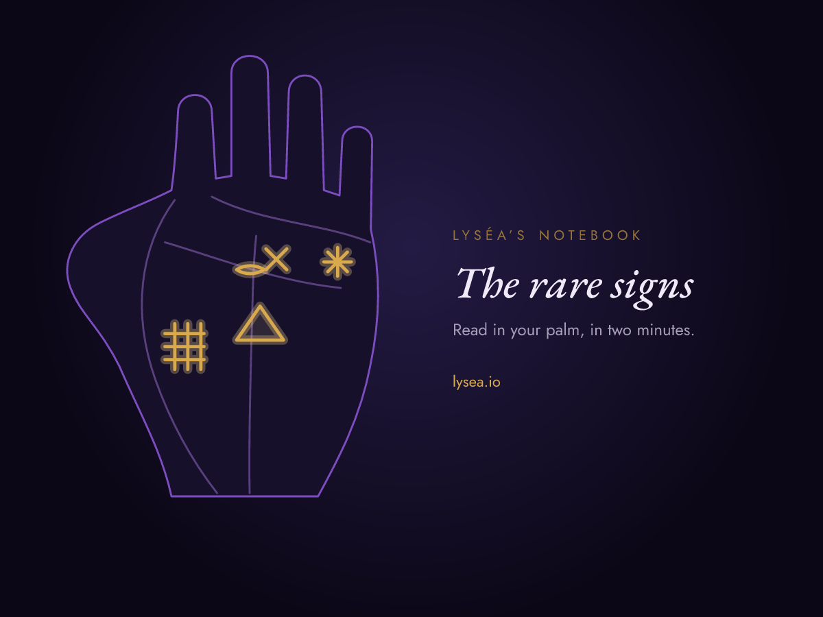 Diagram of a palm: the rare signs — star, triangle, cross, island, grid — highlighted in gold over the main lines.