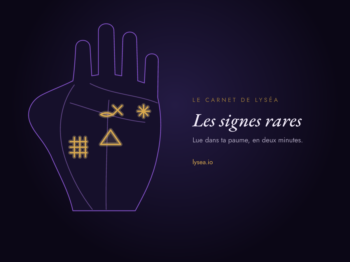 Schéma d’une paume : les signes rares — étoile, triangle, croix, île, grille — surlignés en or sur les lignes de fond.