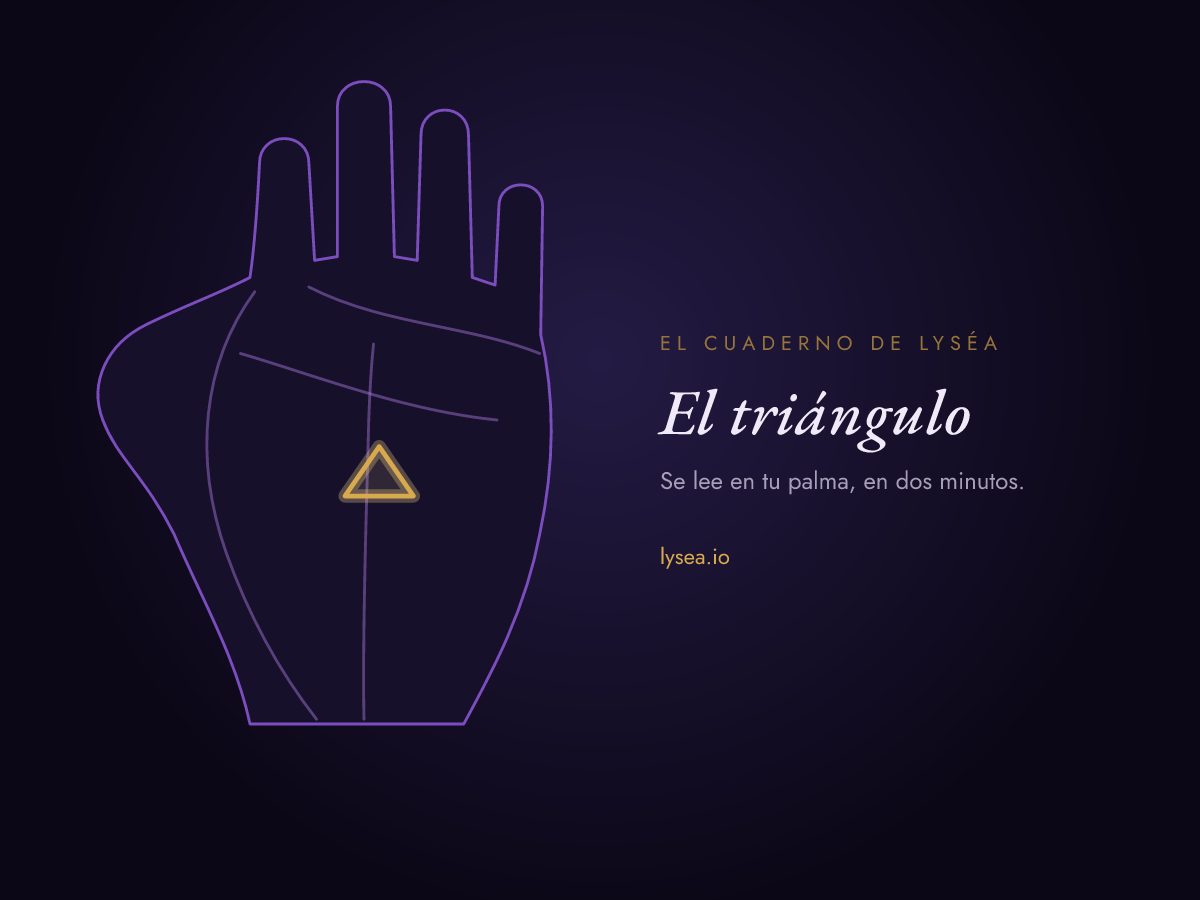 Esquema de una palma: un pequeño triángulo en el centro de la mano, bajo la línea de la cabeza, resaltado en oro.